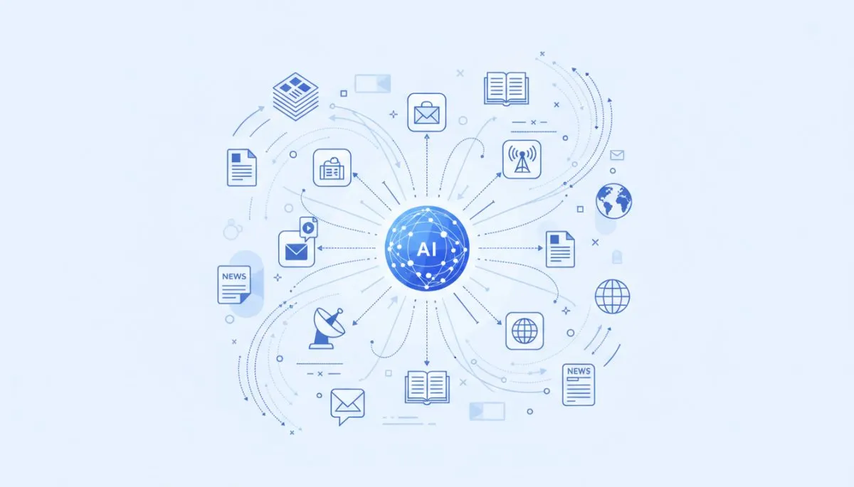 AIニュース情報収集の効率化イメージ:複数の情報源をAIが統合する概念図