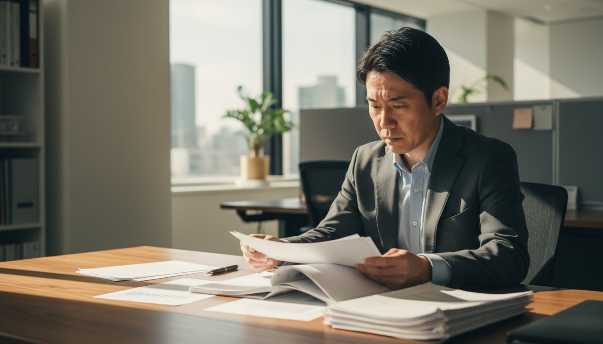 助成金申請書類を確認する様子