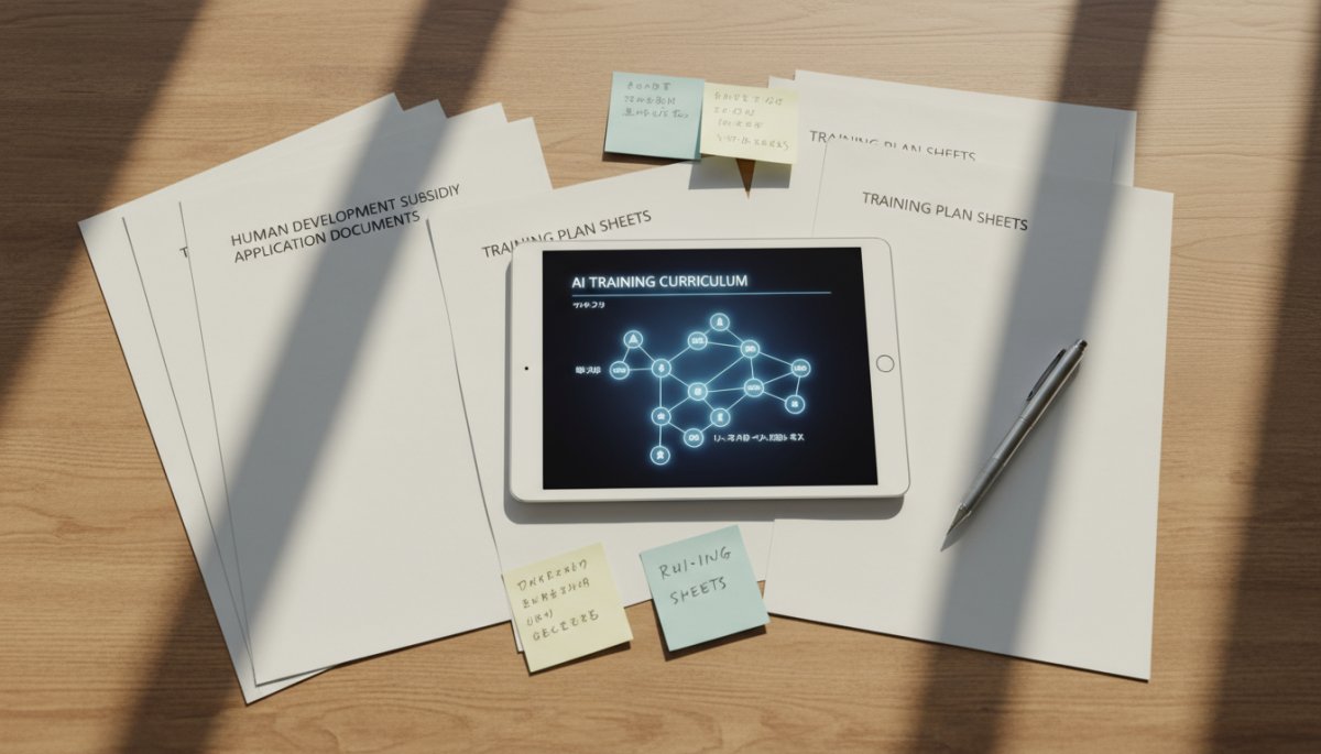 人材開発支援助成金の申請書類と研修計画書が並ぶデスク