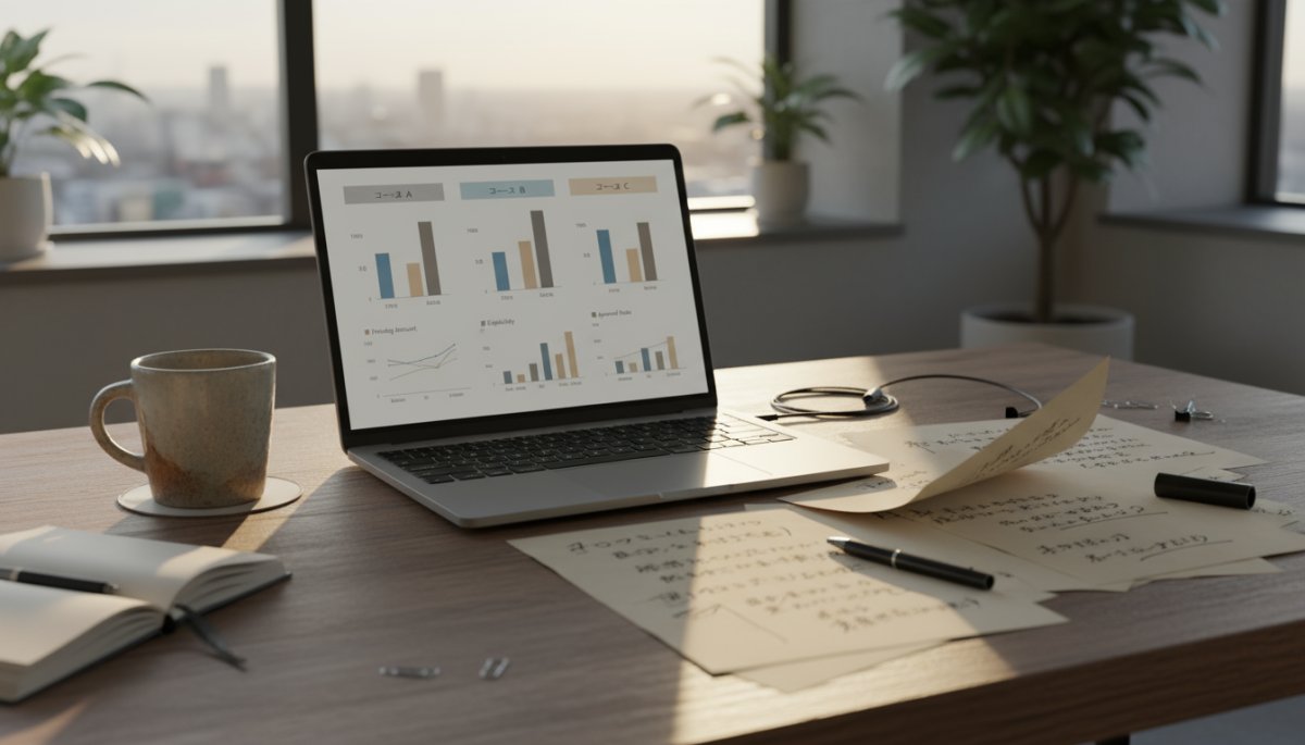 3つの助成金コースを比較する資料とノートパソコン