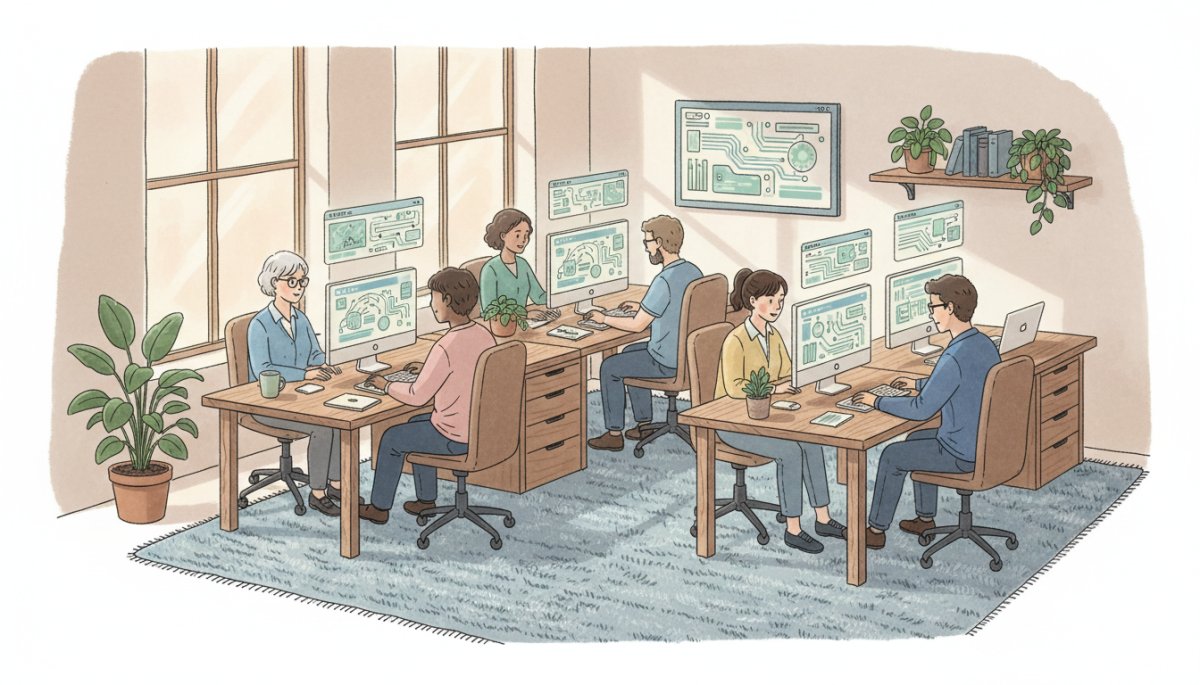 中小企業の生成AI導入イメージ：スタッフがPCで生成AIツールを操作している様子