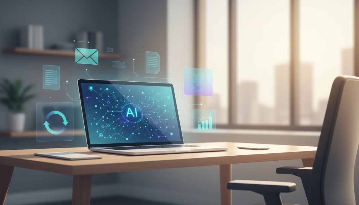 生成AIビジネス活用の概念図：PCとAIが連携して業務効率化を実現するイメージ